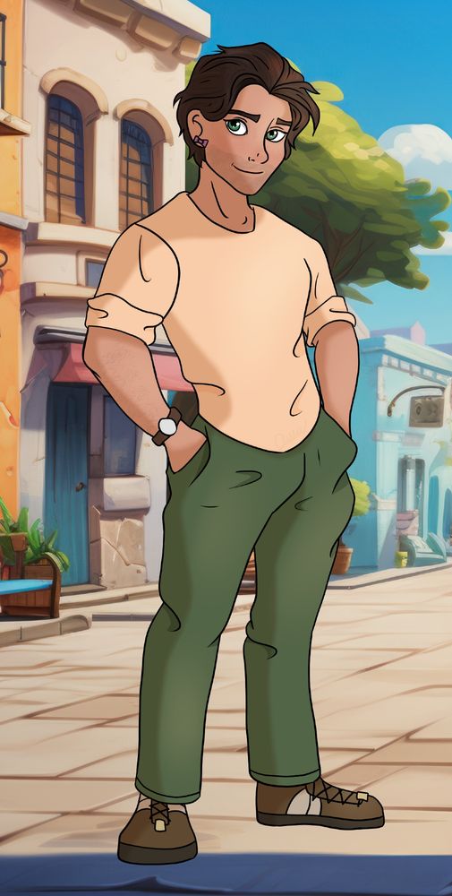 This is a cartoon art piece of a fully body man standing with his hands in his pockets.  He has medium length dark brown hair and green eyes.  He is wearing a cream colored shirt with the sleeves rolled past his elbows and green jeans with brown sneakers.  The background is a street with buildings in an orange and blue color scheme.
