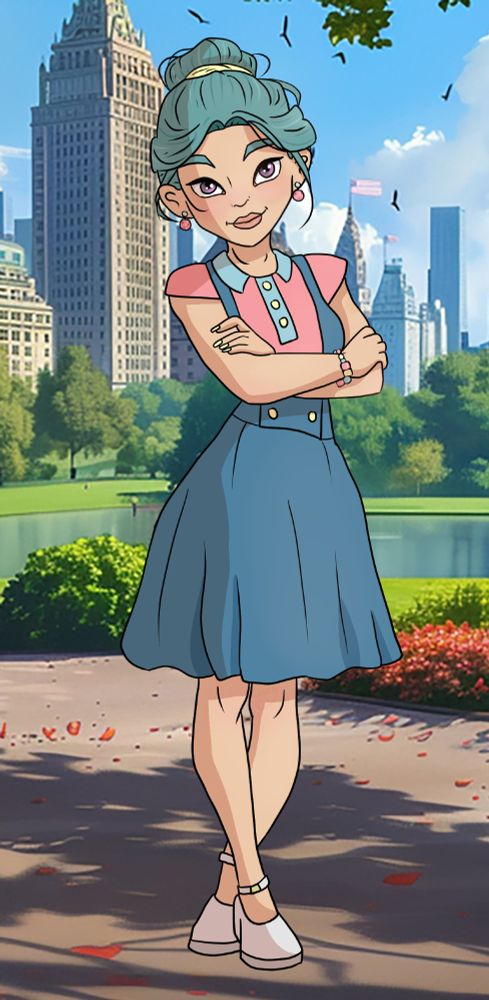 An art piece.  The background is a city park.  The character in front is a woman standing with her arms and legs crossed.  She is in a cartoon style.  Her hair is teal and up in a messy bun, her eyes are purple, and she is wearing an overall dress that is blue, and the shirt under is pink with a light blue collar.