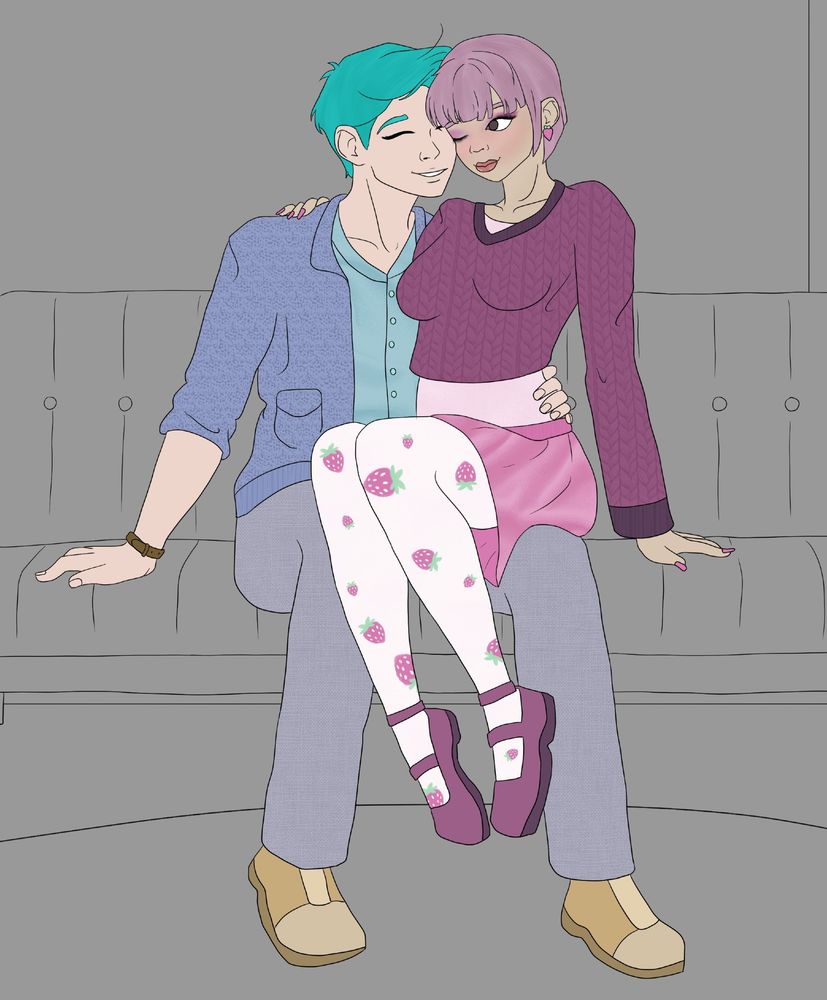 This is a work in progress.  It has two people, a woman sitting on a man's lap.  The man has teal hair and is wearing a button down light blue shirt with a sky blue cardigan.  He is wearing grey pants and has tan shoes.  The woman his sitting on his knee, she has light pink/purple hair cut in a sharp bob with bangs and is wearing a crop-top dark pink sweater with a pale pink shirt underneath, a pink skirt, and tights that are white with strawberries on them.  The background is not colored but shows them sitting on a couch.