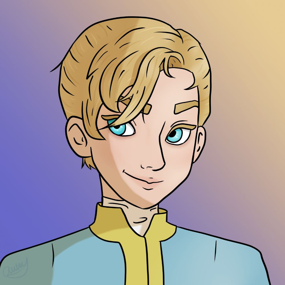 A cartoon portrait of a man with blond hair falling into his left eye and bright blue eyes.  He is smiling and looking off to the left.  The background is a gradient of blue to yellow.