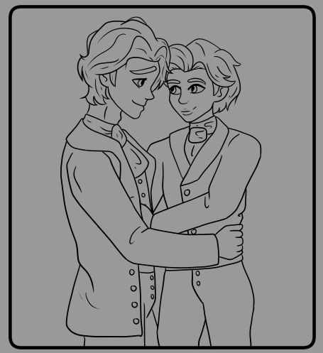 Black lineart on a grey canvas of two men holding each other, wearing early 1800s attire.