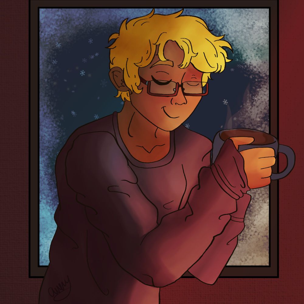 A drawing in soft, warm colors, of a man with fluffy blond hair, a red sweatshirt, holding a blue cup with brown liquid in it.  The background is a warm red wall and a large window with frost around the edges and snow on a dark blue sky.