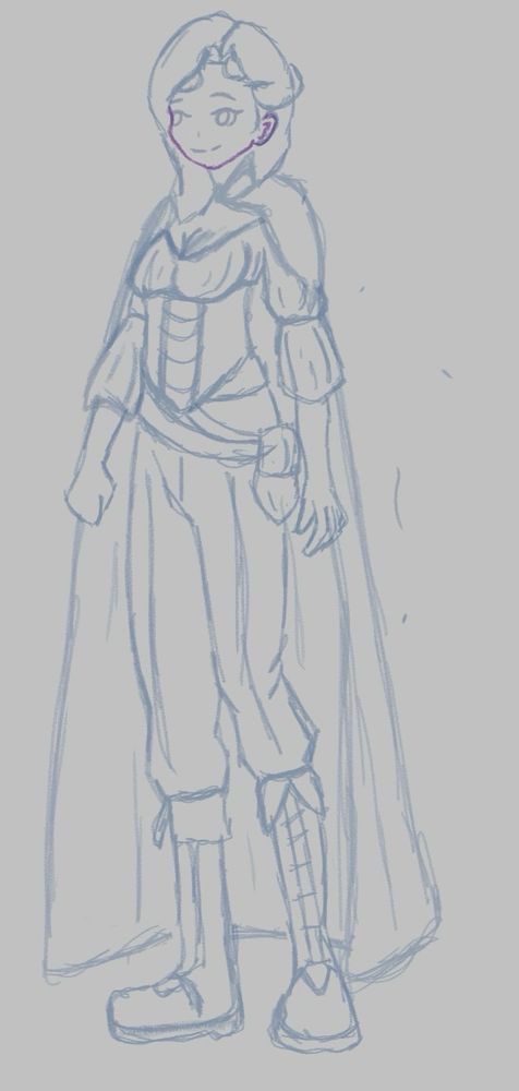 A sketch in a light-blue color on a grey background in an anime style.  It’s a woman wearing fantasy styled clothing, peasant blouse, bodice, pants, boots, and a cloak.