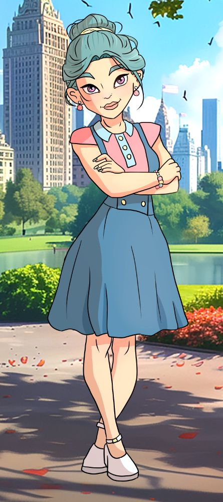 An art piece.  The background is a city park.  The character in front is a woman standing with her arms and legs crossed.  She is in a cartoon style.  Her hair is teal and up in a messy bun, her eyes are purple, and she is wearing an overall dress that is blue, and the shirt under is pink with a light blue collar.