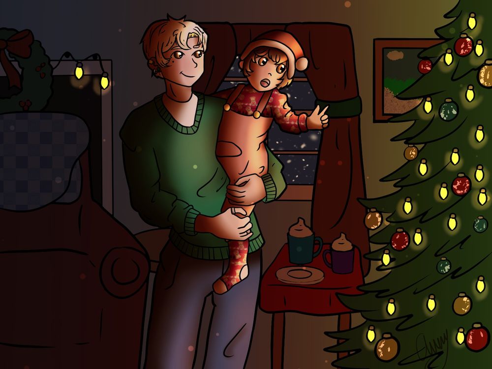 A digital art piece.  A blond man with curly hair and a green sweater holds a little girl in pink overalls and a red sweater and Santa hat.  The girl is reaching towards a lit up Christmas tree.  The background is of a living room.  The lighting is dim aside from the Christmas lights.