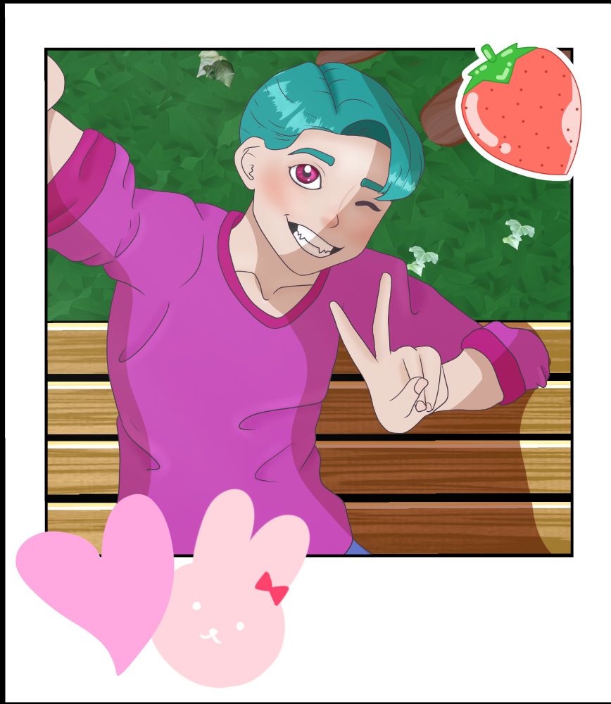 The drawing is framed as if a polaroid picture with a sticker of a strawberry on the upper right corner and a bunny and heart in the lower left.  There is a man with teal hair, pale skin, magenta eyes, and a pink sweater is sitting on a bench holding up a peace sign.  The angle is such that it looks like he is taking a selfie.  The background is the bench he is sitting on and grass.