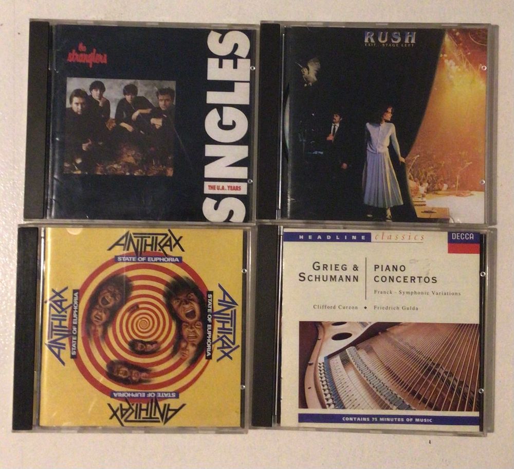 CDs by Stranglers, Anthrax Rush and Grieg
