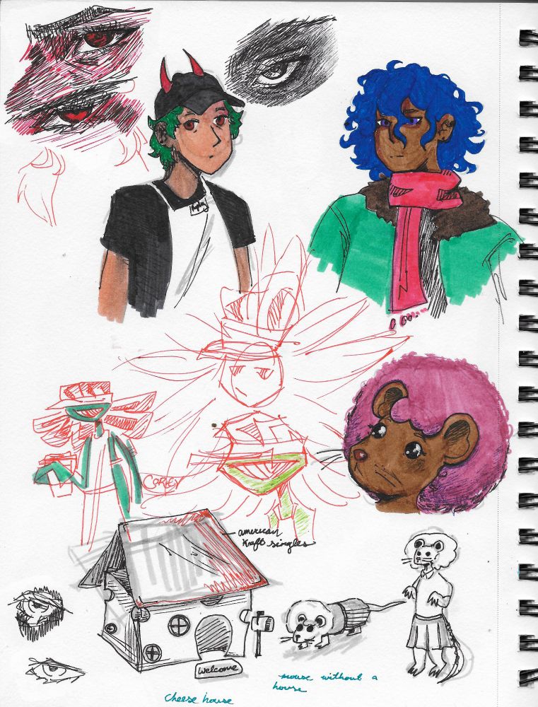 A sketchbook page featuring several different character sketches, one of which is a brown mouse with a pink afro and a house made of cheese. Another is of a person with short green hair, red horns, a black hat, and an apron