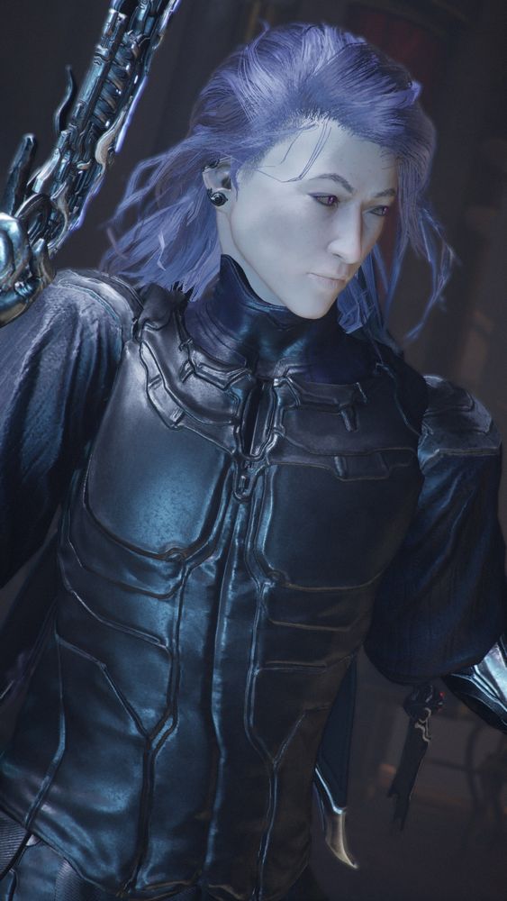 Screenshot of my drifter Rhylven in Warframe. Taken in Albrecht's Bureau Scene.