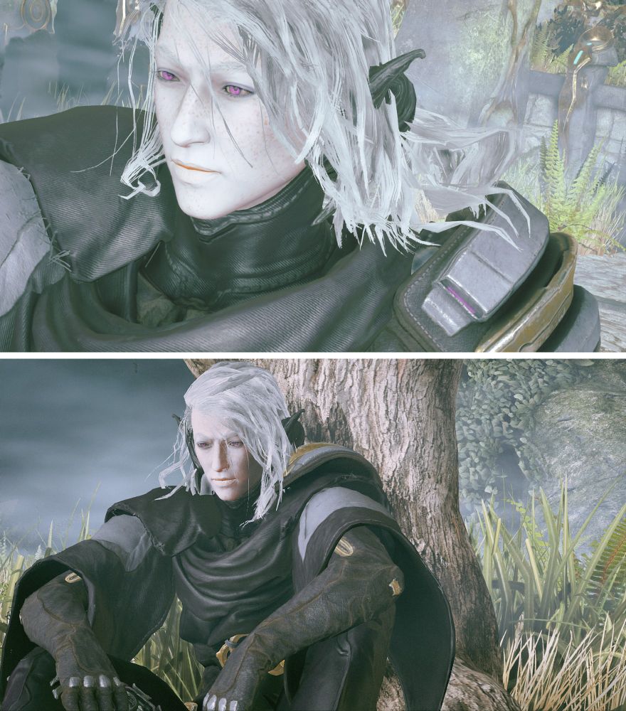 A set of two screenshots of my Drifter in Warframe named Rhylven.
First above: A close up view of Rhylven in game, long silver hair, pale skin, light freckles and violet eyes.
Second below: He was sitting under a tree in a certain courtyard scene.