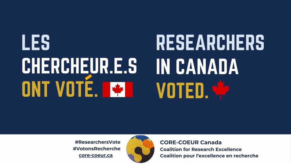 Une image rectangulaire avec un fond bleu marine et un texte en majuscules coloré en bleu pâle, blanc, orange, qui se lit comme suit: Les chercheur.e.s ont voté. Un pied de page blanc comprend le logo de CORE-COEUR Coalition for Research Excellence, Coalition pour l'excellence en recherche, une mosaïque multicolore, largement jaune, avec un cœur partiellement orange et un cœur partiellement bleu.

A rectangular image with navy blue background and bilingual text in all caps coloured pale blue, white, orange, which reads: Researchers in Canada voted. A white footer includes the logo for CORE-COEUR Coalition for Research Excellence, Coalition pour l'excellence en recherche, a multicoloured mosaic, mostly yellow, with a partial orange heart and a partial blue heart.