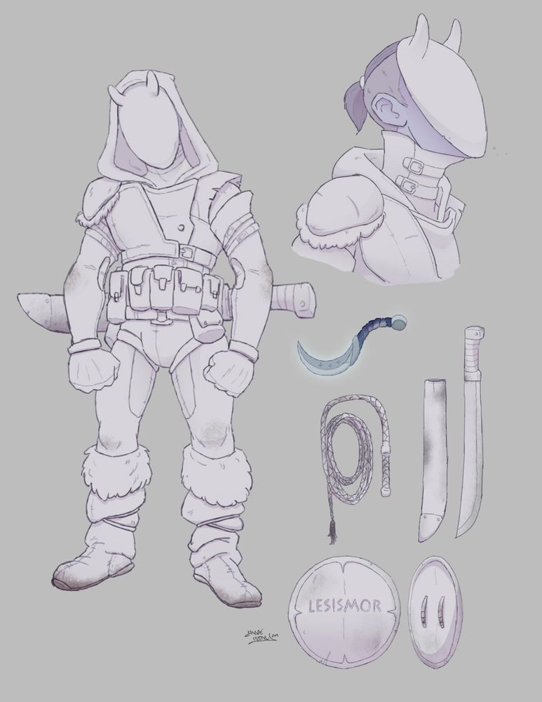 Dungeons & Dragons character design of Azekkus Ozark. A warrior covered from head to toe in ashes, donning a featureless mask save short devil horns, obscuring his entire face. He is covered in pouches and an assortment of weapons. His shield reads Lesismor, a misunderstanding of the idiom ‘less is more’. 