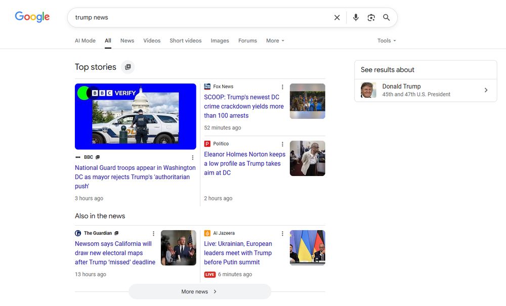 Google search for 'trump news' with the BBC and The Guardian set as preferred sources.