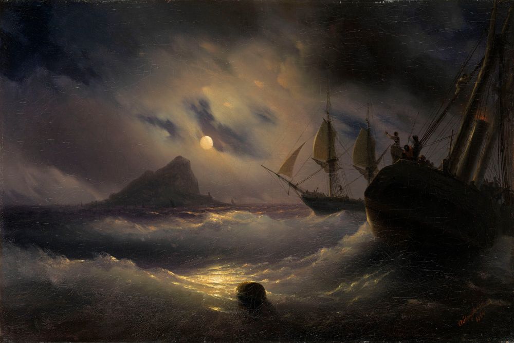 painting is about half sky and half sea - there's a bright full moon in the sky, partly obscured by a haze of pinky gray clouds. the moon is slightly off center, hanging above the silhouette of the Rock of Gibraltar. in the foreground on the right is the dark shape of what looks like a sinking ship spitting red sparks, there are two ships behind it heading toward the rock. the sea appears almost gold at its center, with choppy, swooping waves behind it that appear opalescent, containing colors ranging from pale blue to lilac. 