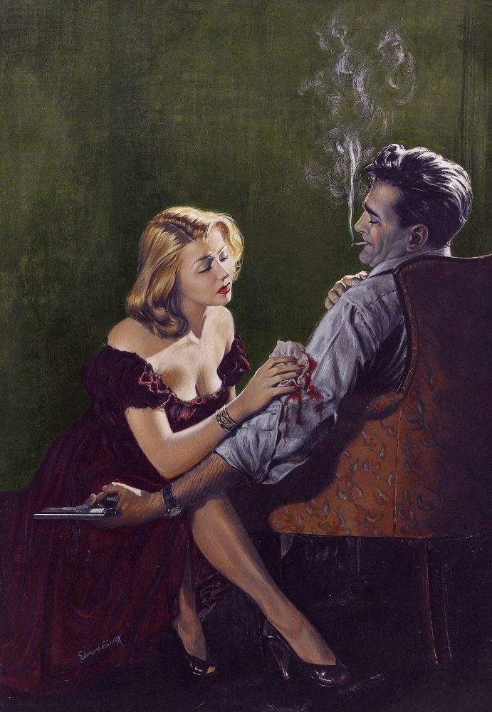oil on board painting of a man and a woman: the man is brunette, sitting in a chair, smoking a cigarette with blue shirtsleeves partially rolled. his right hand is on his shoulder, his left arm is bleeding from what must be a gunshot wound - he holds a gun in his left hand. the blonde woman sits facing him, wearing dark peep-toe heels and a burgundy/wine-colored long dress (low-cut, off the shoulder), she presses a cloth to his wound, looks almost bored. the wall behind them is olive-colored. 