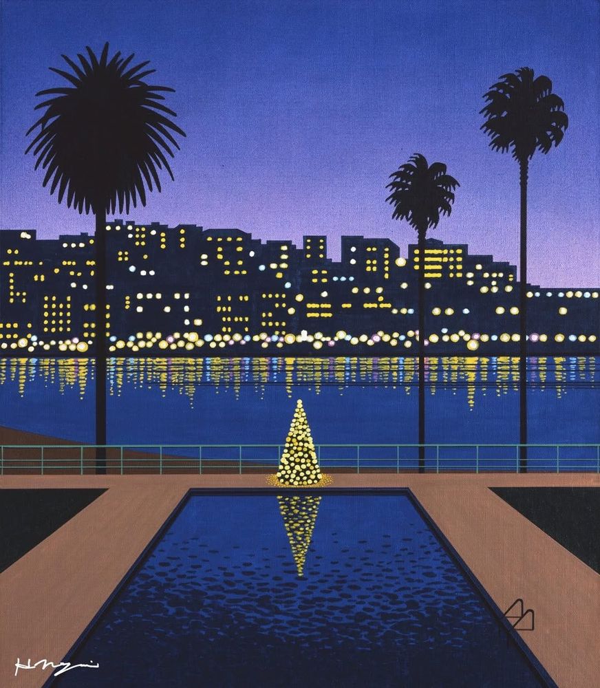 painting of a little Christmas tree covered in big yellow lights outside at dusk, sitting behind what looks like a hotel pool, which is in the foreground of the image. tree is almost centered and reflected in the pool, which darkens from blue to almost inky black as it reaches the edge of the painting. behind the tree is a green railing with three palm tree silhouettes reaching up into a pinky-blue sky, and then the sea or the ocean is behind that. the backdrop is a city skyline, reflected in the sea. 