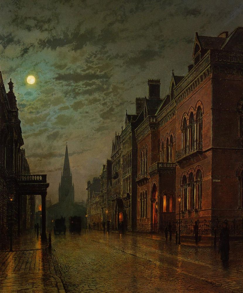 painting of cityscape at twilight. there is a full moon surrounded by clouds in a gray night sky tinted with green. the moon and the orange light from gas lamps illuminate a cobblestone street, burnishing it with a green-and-gold glow. in the distance, you can see dark silhouettes of carriages and people. we see the left side of the street head on, so details of buildings are scant except for a wood awning. to the right, though, the exteriors of Victorian buildings are detailed - the one closest to us looks like it's made of brick. at the very end of the street is a ghostly building - probably a church tower with a spire.