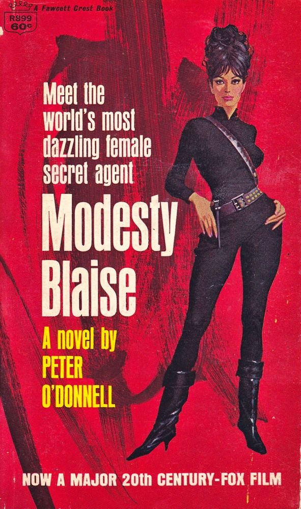book cover with white and yellow text on the left side that reads "Meet the world's most dazzling female secret agent Modesty Blaise A novel by PETER O'DONNELL - Now a MAJOR 20TH CENTURY-FOX FILM." on the right side Modesty wears a tight black catsuit with mid-calf black leather pointy-toed, kitten-heeled fuck boots. her black hair is piled high on top of her head. the background is red. 