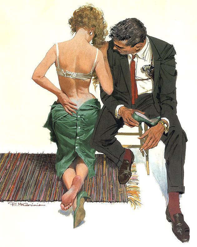illustration of a woman (left) and a man (right) against a white/pale yellow backdrop and on top of a multicolored rug. the dark-haired man sits slightly slumped on a chair, his body toward us, his face angled toward the woman. he's wearing a rumpled suit, a skinny red tie, brown/burgundy socks, black loafers - the butt of a gun in a shoulder holster peeks out of his suit jacket. there's a cigarette in his left hand, and the woman's green heel in his right. the blonde woman's back is toward us, her left hand at her waist, her right hand pressing against the man's shoulder - her face is angled downward but very close to the man's. her green dress is half-unbuttoned and pulled down to her hips - the skirt remains buttoned. her white bra is partially unhooked. she's on her knees and her legs are crossed at the ankles - we can see one bare foot, one still wearing a green pump. 