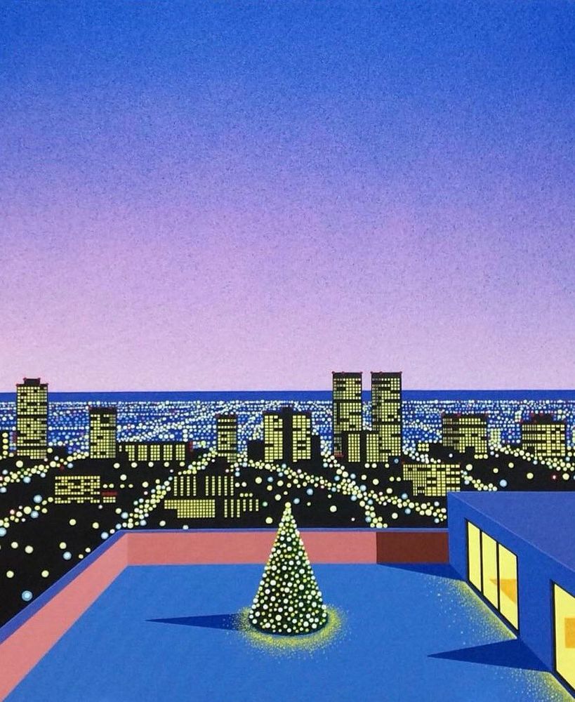 in the foreground of the painting is a Christmas tree on top of a blue building, covered in bright yellow lights, surrounded by a short peachy-pink wall. to the tree's right are brightly lit yellow windows. behind the tree is the city: black with tall skyscrapers lit up with tiny yellow squares and streets comprised of round yellow lights. behind that is a blue grid of lights, and a thin blue line that might be the sea. the sky is a gradient of pink to blue as it reaches the top of the painting. 