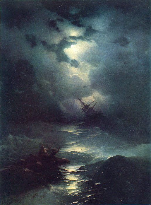 a tempest at sea - there's a ship in the distance, slightly off-center, and tilting over to the left. there's a full moon in the sky above almost completely concealed by gauzy blue-gray clouds. in the bottom left corner of the painting, there is a boat with sailors who look like they're reaching out toward the ship. the moon creates a column of light illuminating the top of the choppy, dark blue-green sea all the way to the bottom of the painting. 