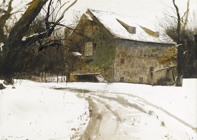 watercolor painting of the mill on Wyeth's property, bookended by barren trees - everything has a sepia tint to it except for the snow in the foreground of the painting. the tracks through the snow also have a brown/sepia tint 