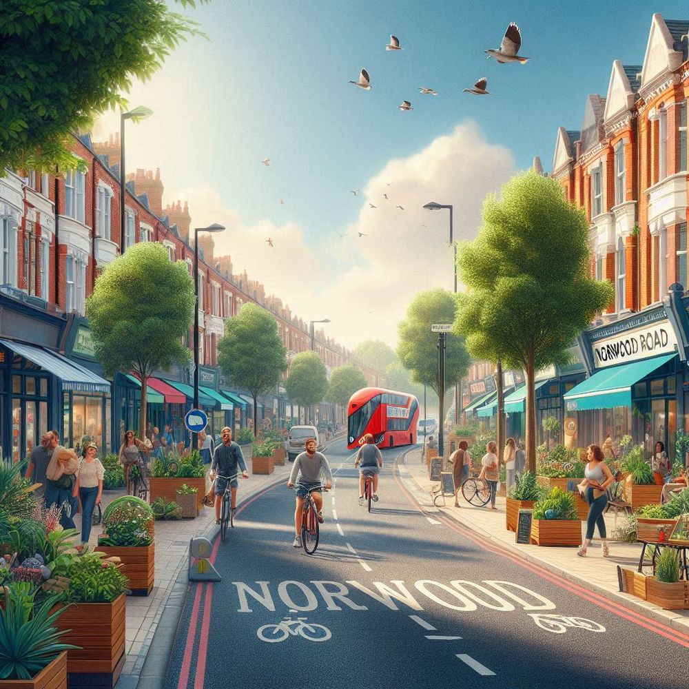 An AI generated picture of Norwood Road in Tulse Hill. The street is free of traffic. There are trees and plants, people cycling, people shopping, one red bus. The sun is shining. 