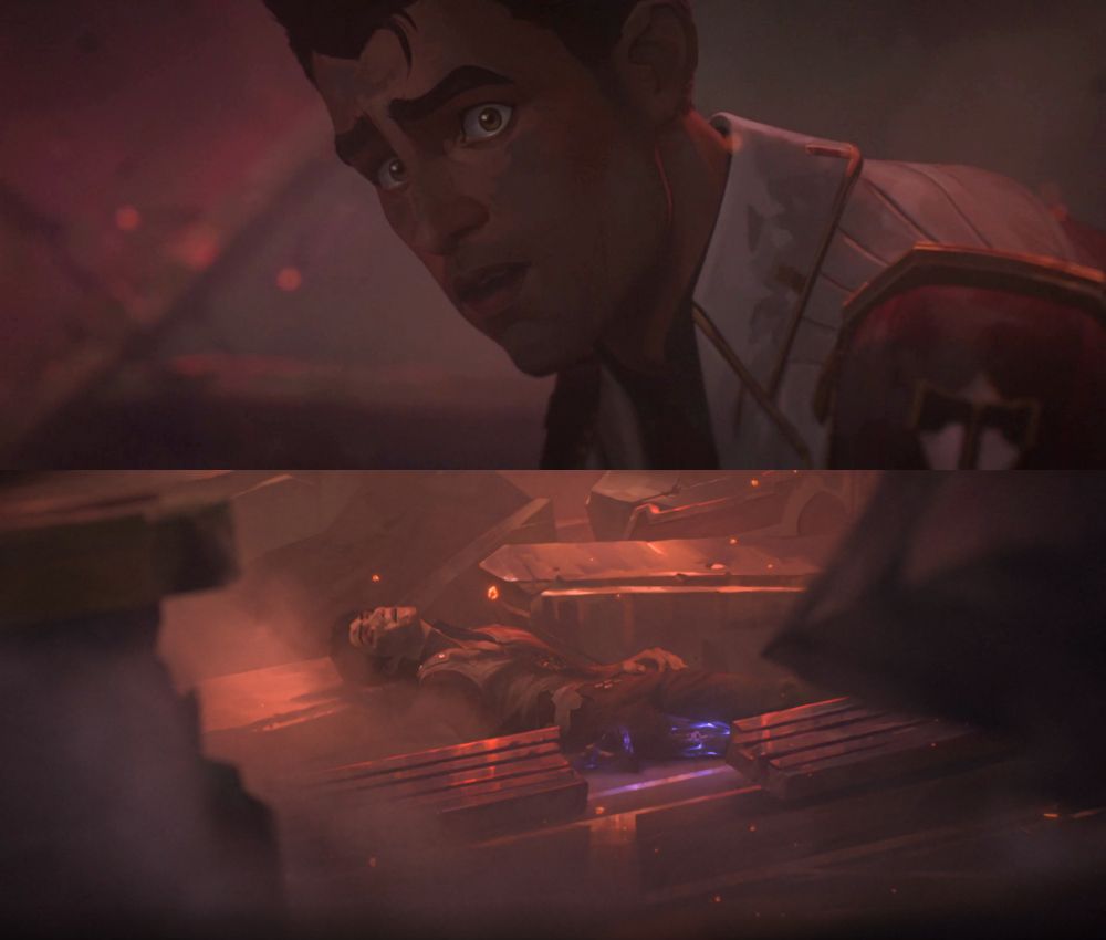 Jayce in the opening scene of Arcane Season 2, covered in soot and dust, staring frozen and horrified at his partner, Viktor, lying dead in the rubble of the exploded council room.

#jayvik