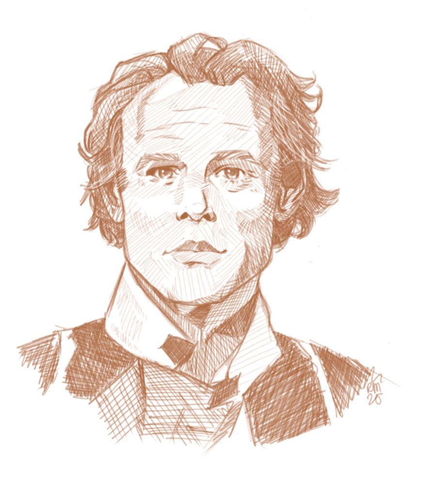 sepia-tone bust sketch of walton goggins in his met gala look. he is looking at the viewer with a small smirk. style is sketchy and shaded with cross-hatching