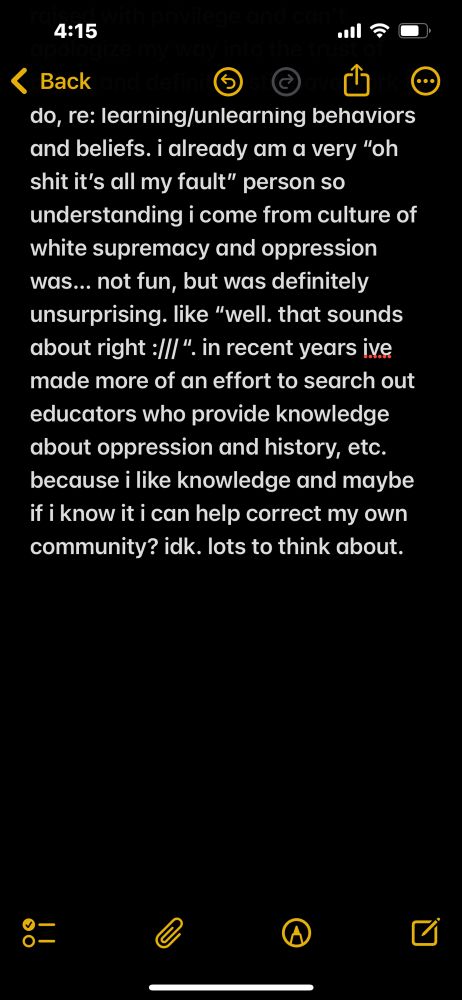shit it’s all my fault” person so understanding i come from culture of white supremacy and oppression was… not fun, but was definitely unsurprising. like “well. that sounds about right :///“. in recent years ive made more of an effort to search out educators who provide knowledge about oppression and history, etc. because i like knowledge and maybe if i know it i can help correct my own community? idk. lots to think about. 
