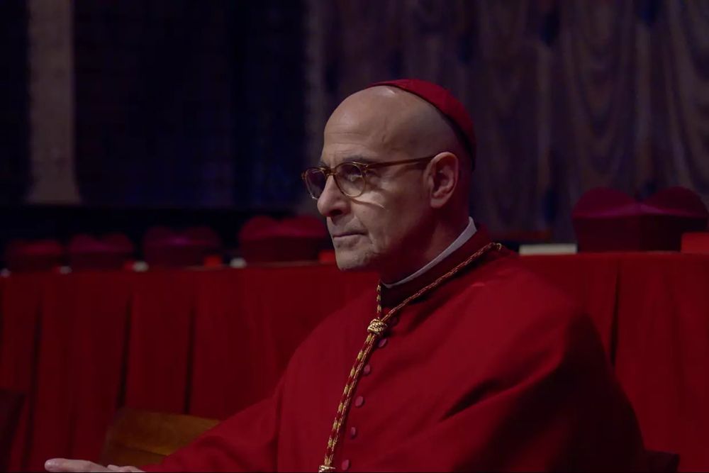 Actor Stanley Tucci as Aldo Bellini, the progressive candidate for Pope, in the 2024 film Conclave