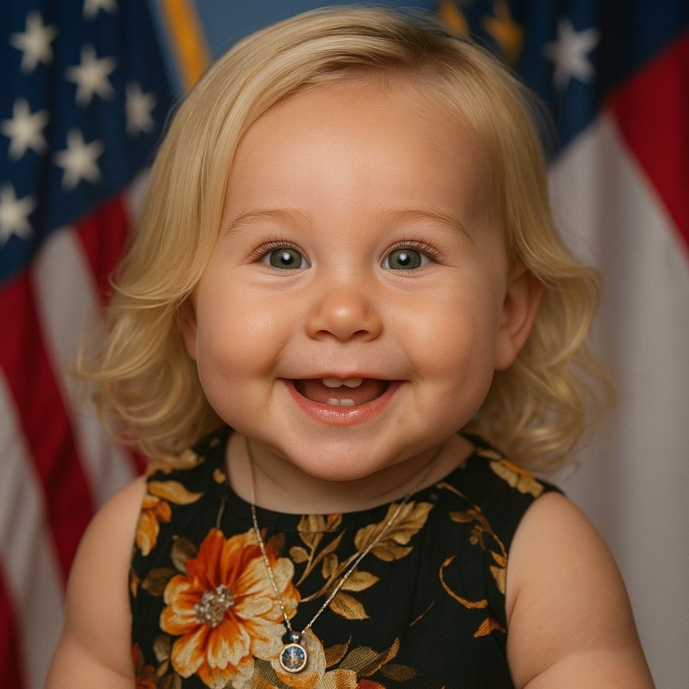 Ai generated image of the toddler Marjorie Taylor Greene standing in front of two red white and blue flags and smiling at the camera in the style of an official portrait.