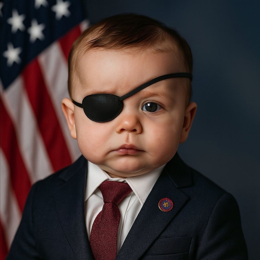 Ai generated image of baby Dan Crenshaw in the style of an official portrait against a professional backdrop and in front of an american flag, baby Dan looks at the camera wearing an eye patch and a professional black suit with lapel pin.