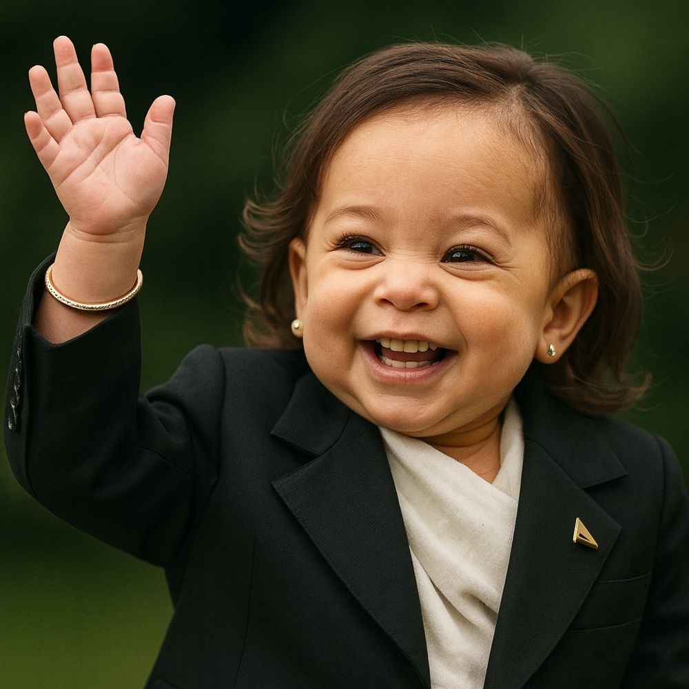 An ai generated image of baby Kamala Harris in a black suit waving with a large smile. The background is blurry but green, as if walking out in nature.