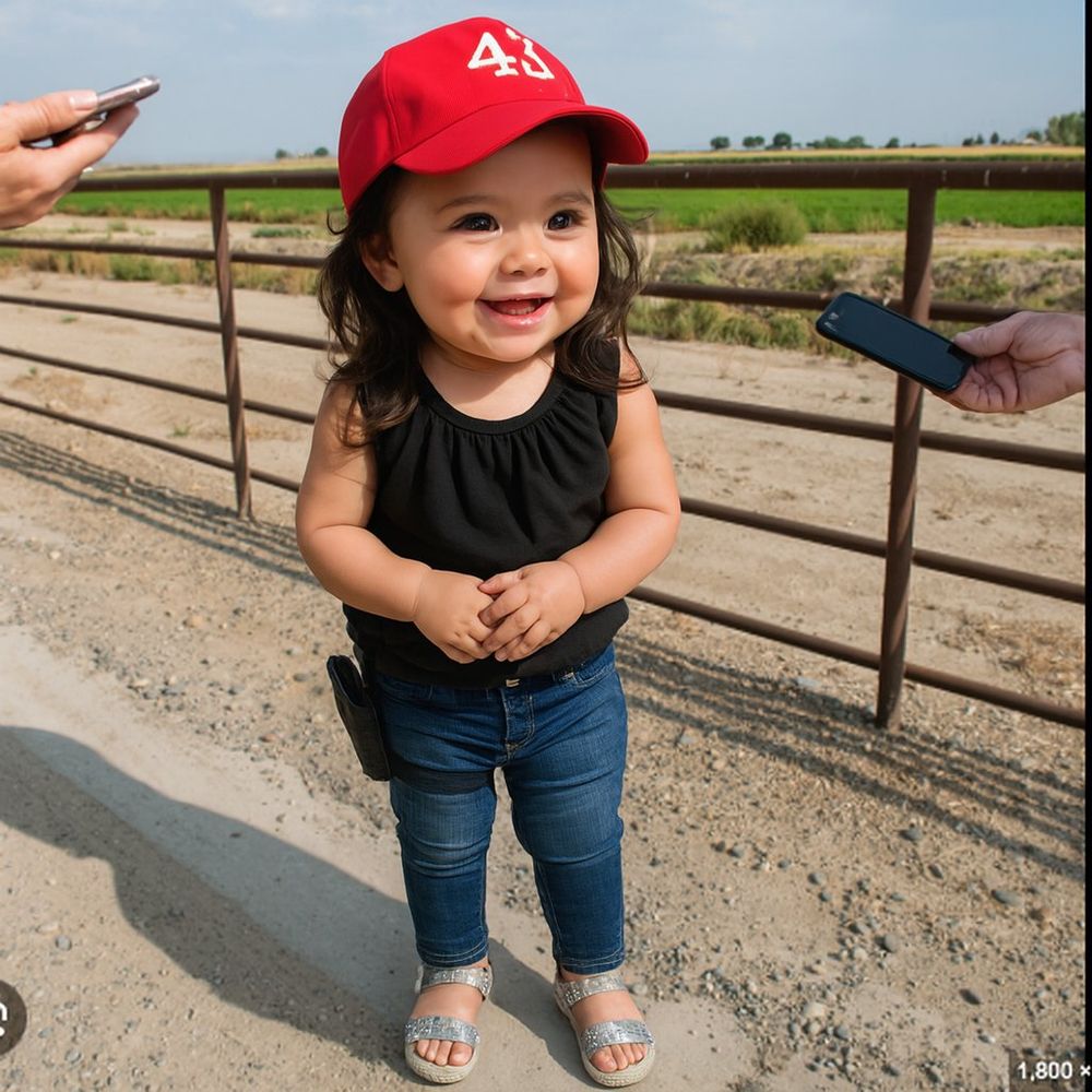 AI generated image of Lauren Boebert as a baby standing on a dirt road and smiling while talking to some people with outstretched phones. She is wearing jeans, silver shiny sandals, a black top, and a red baseball cap with "43" on it