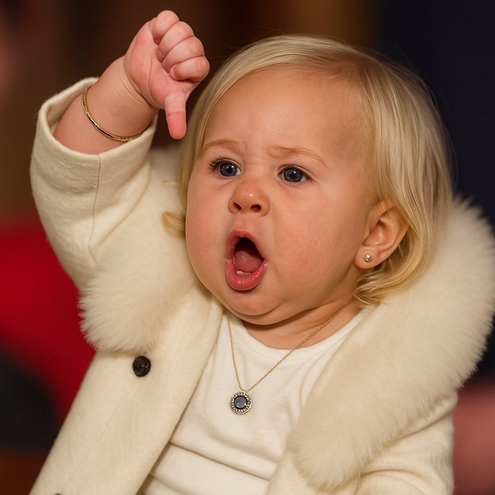 Ai generated image of baby Marjorie Taylor Greene wearing a white puffy coat and giving a thumbs down expression with an open mouth, as if in the middle of saying "noooooooooo"