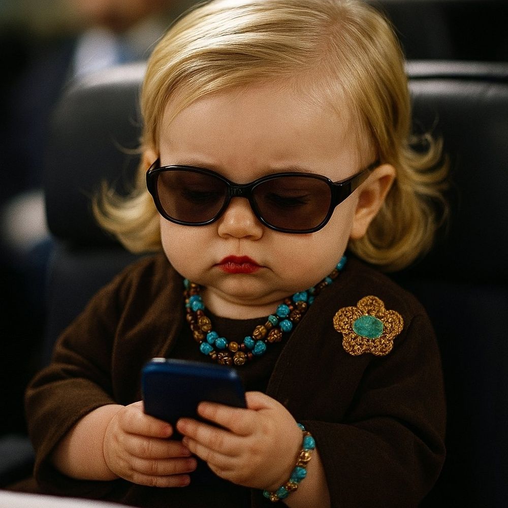 Ai generated image of Hillary Clinton as a baby. She is wearing dark sunglasses, a beaded necklace/bracelet and a golden broach. She is texting on a blackberry-like device.
