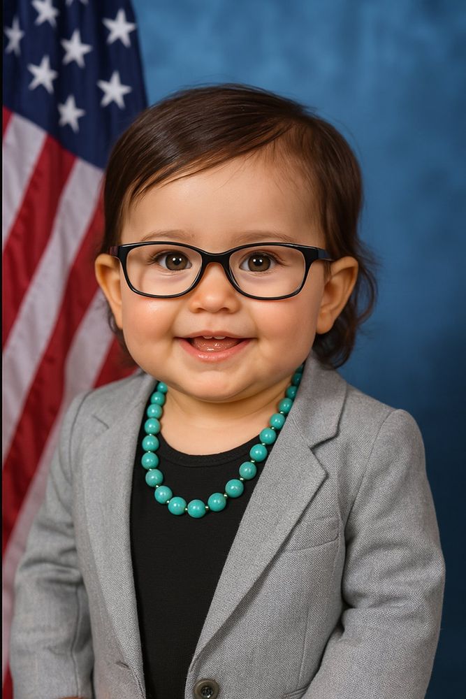 AI generated image of Lauren Boebert as a baby standing in front of a professional backdrop and an american flag wearing a gray suit and a blue-green beaded necklace.