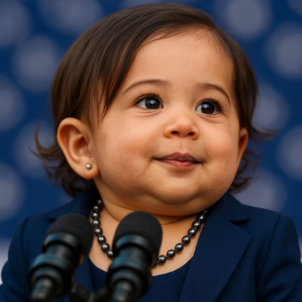 An ai generated image of baby Kamala Harris standing behind a pair of microphones and looking out as if at a crowd. She is wearing a blue suit, earrings, and a beaded necklace