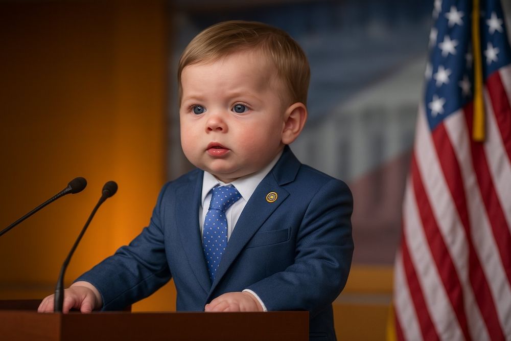 Ai generated image of baby Eric Swalwell at a lectern in front of an american flag and an image of a government building. He is dressed in a suit and tie with a round lapel pin