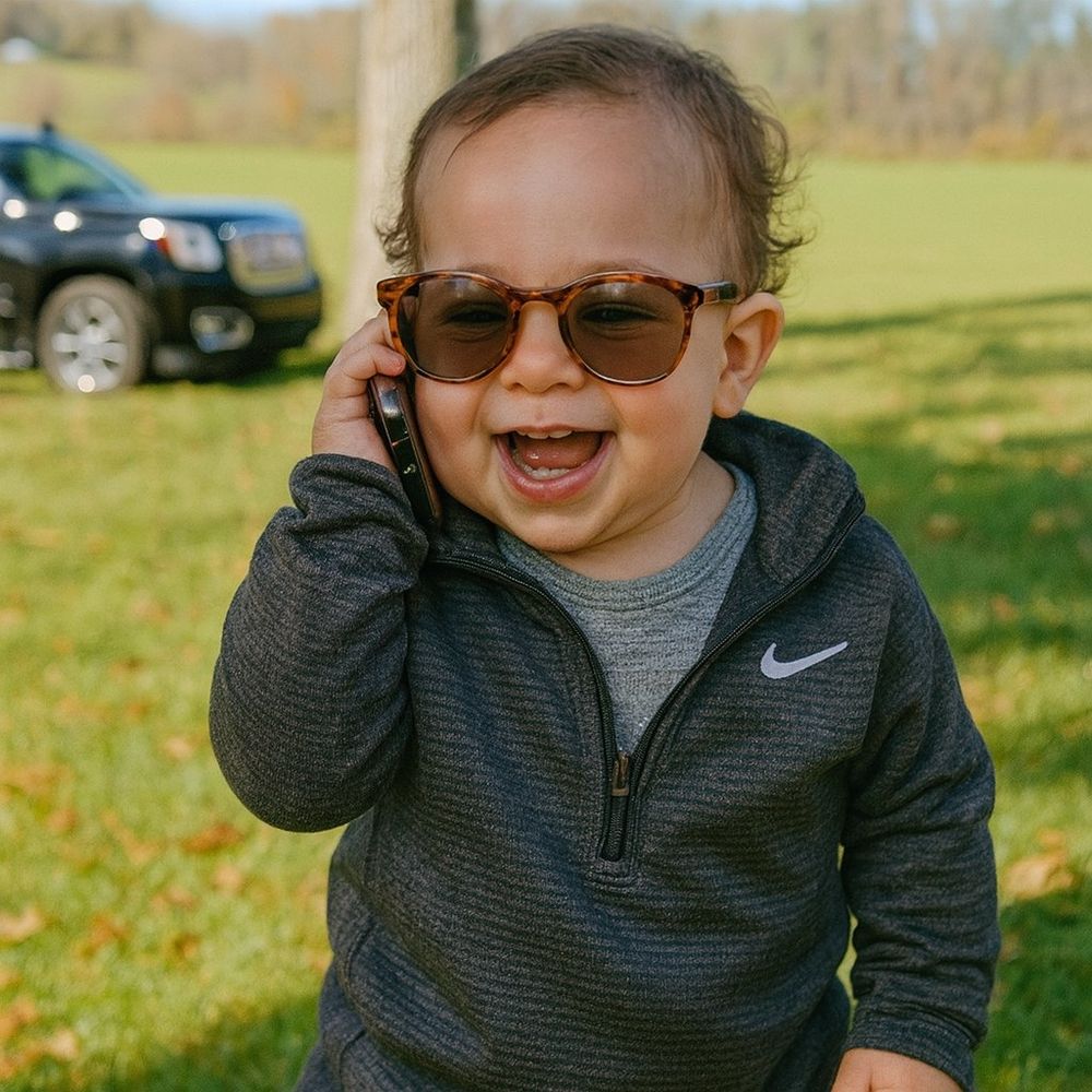An ai generated image Thats supposed to be baby Kamala Harris. The baby is wearing a track jacket with the Nike logo on it, a pair of sunglasses and is talking on the phone with a large smile. In the background a grassy field and the hood of a black SUV are visible.