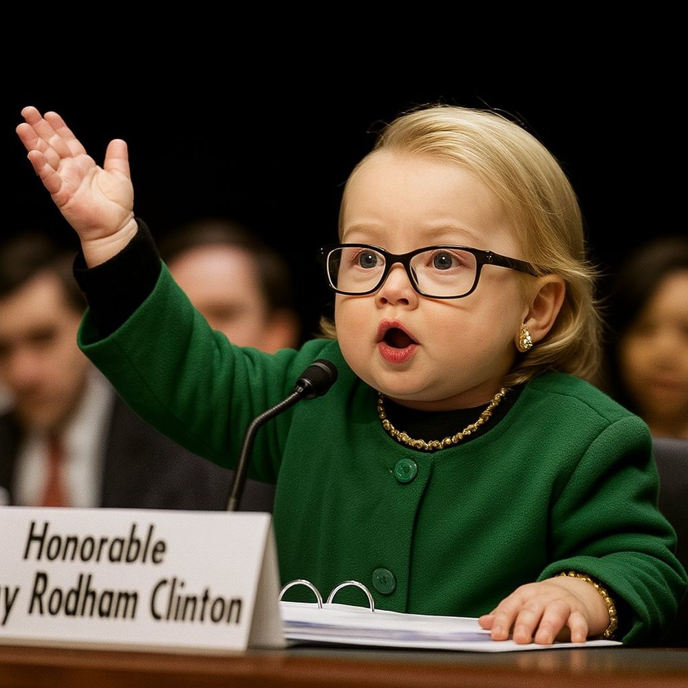 Ai edited image of Hillary Clinton as a baby sitting at a desk behind a nameplate bearing her name. An open binder is in front of her and she is speaking into a microphone with a hand in the air. She is wearing a green jacket with golden bracelet, necklace, and earrings