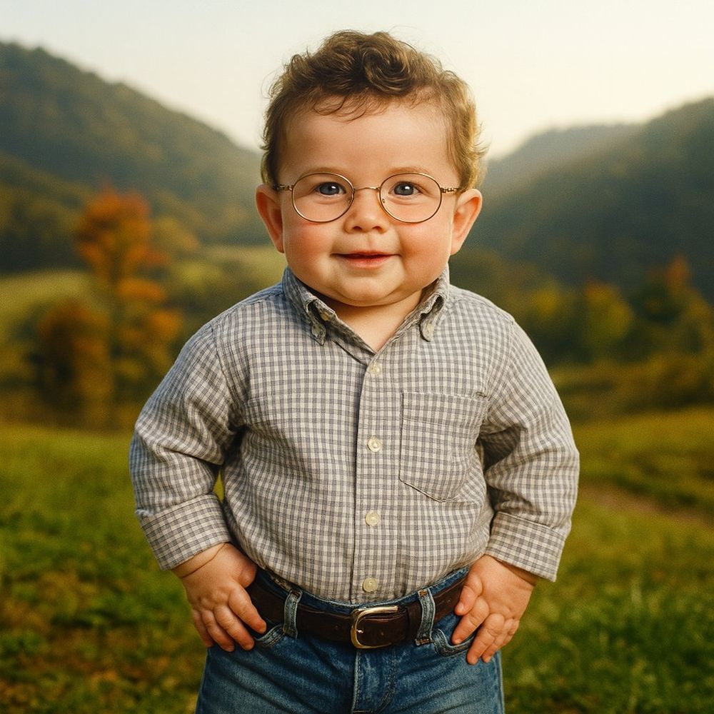 Ai generated image of Rep Massie as a baby standing in a field with his hands on his hips and a tucked in checkerboard pattern shirt. A slight smile is visible across his chubby face