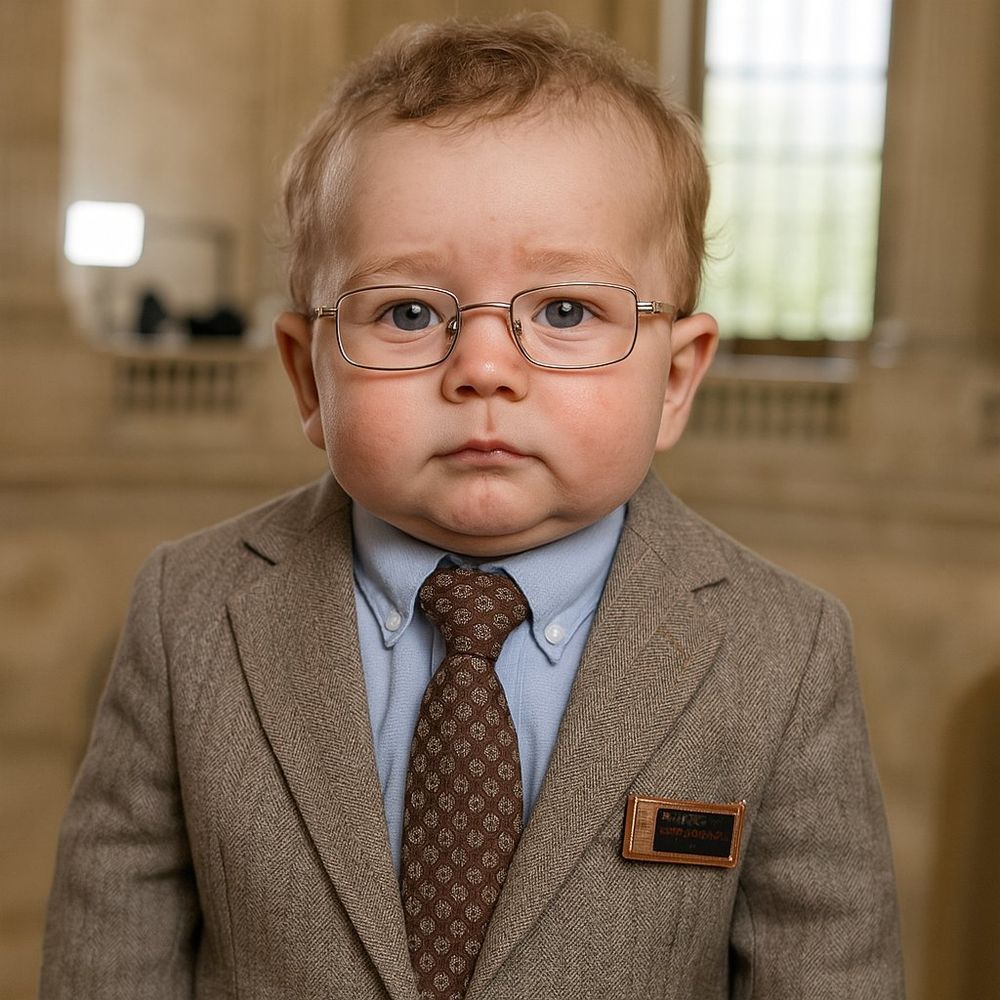 Ai generated image of Rep Massie as a baby standing In a stone government building wearing a nametag in the pocket of his brown suit. He has a neutral or slight frown expression