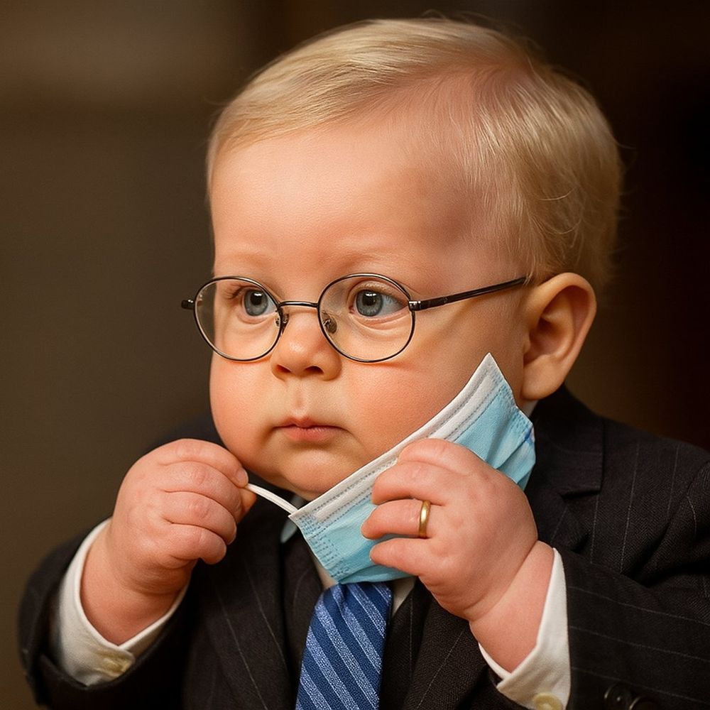 Ai generated image of baby Mitch McConnell in a black suit putting on a surgical mask