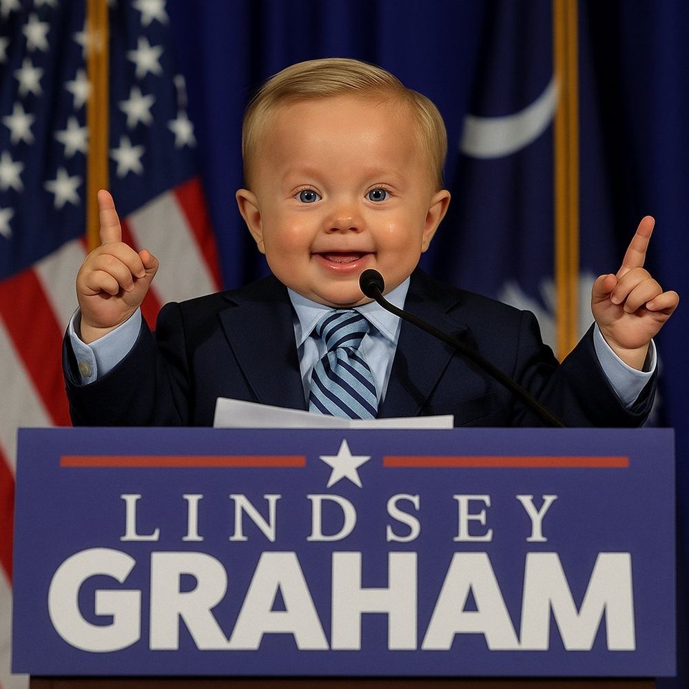 Ai-modified baby Lindsey Graham in a black suit and smiling while standing behind a lectern with his name on it, as if campaigning for reelection. He has both index fingers pointed in the air
