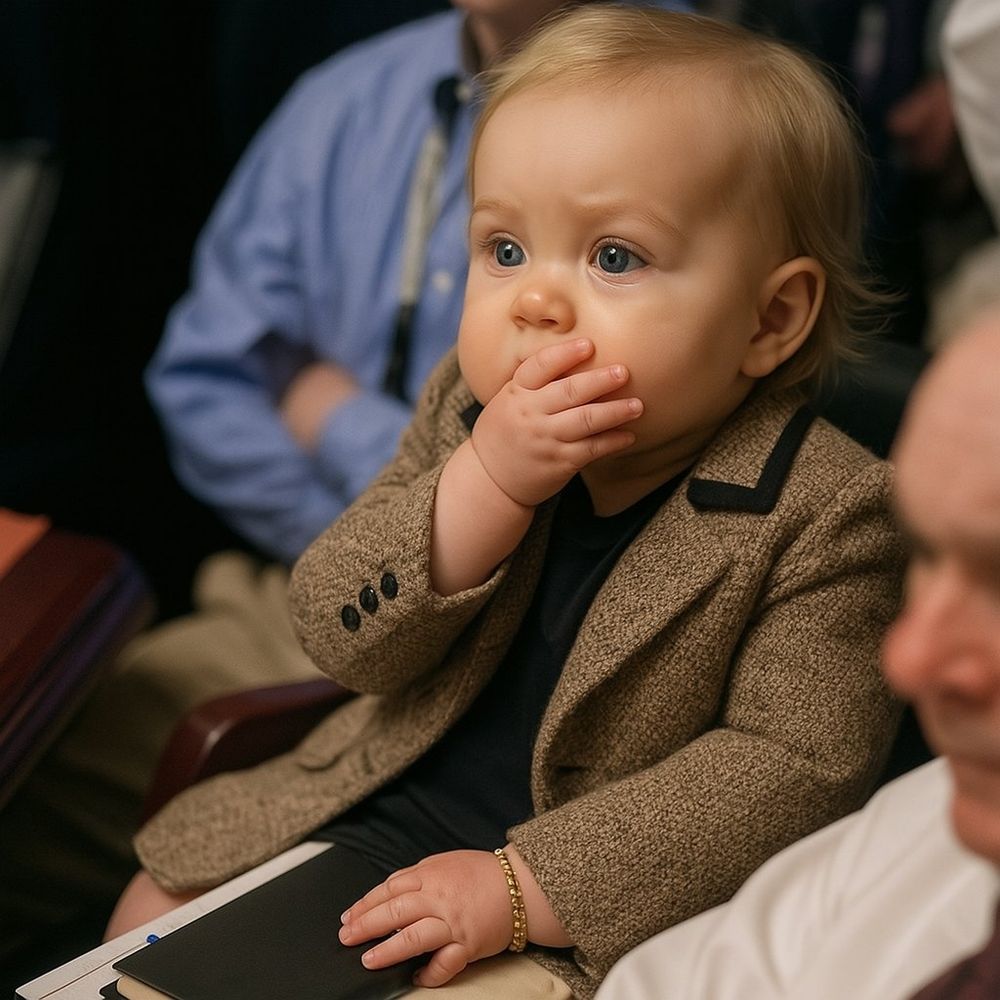 An ai generated image of Hillary Clinton as a baby wearing a brown knit sweater while sitting in what seems like a seat in congress. She has a notebook in her lap and a hand over her mouth.