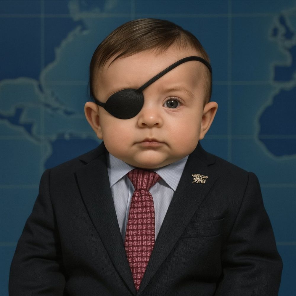 Ai generated image of baby Dan Crenshaw with a pastel map behind him as if he is on an episode of weekend Update with SNL. baby Dan looks at the camera wearing an eye patch and a professional black suit with lapel pin.