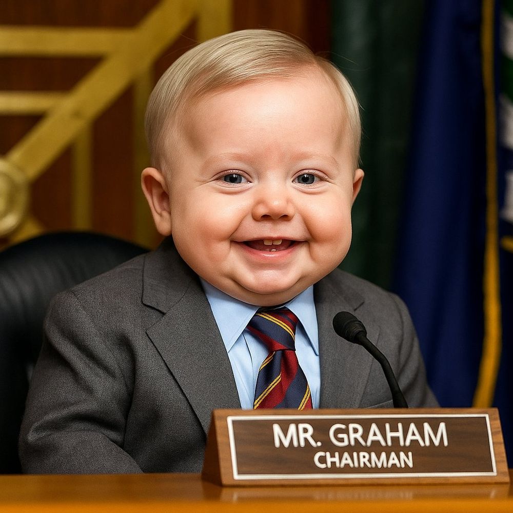 Ai-modified baby Lindsey Graham in a gray suit and smiling while sitting at his seat in congress behind a name plate reading "Mr. Graham/Chairman"