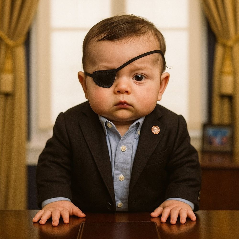 Ai generated image of baby Dan Crenshaw standing behind a wooden desk with his hands on the surface and sternly looking straight ahead. He is wearing a dark suit jacker over a blue button down and has an eye patch.